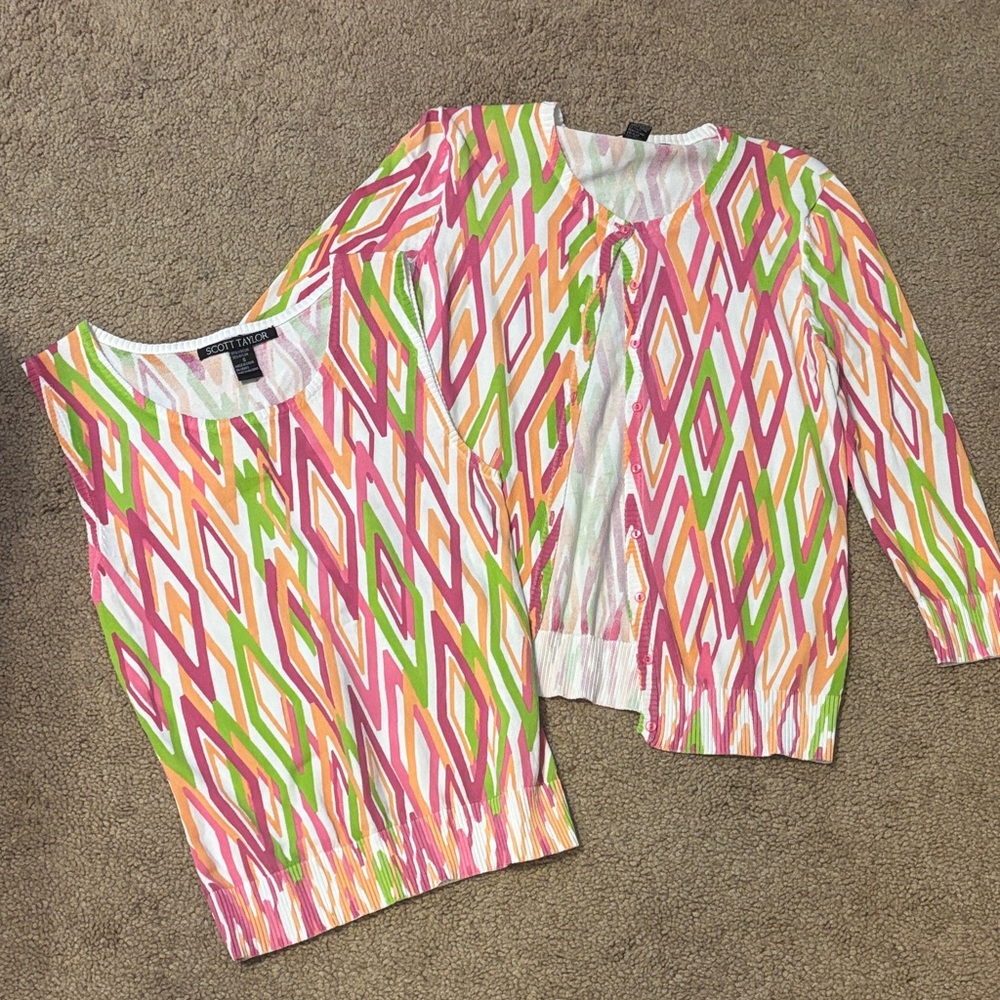 Scott Taylor Bright Diamond-Print Shell & Cardigan Set - Pink, Green, Orange